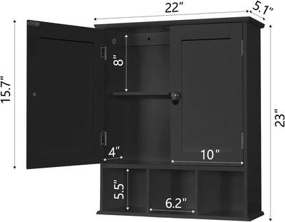 Black Bathroom Cabinet, Wall Mounted 2 Door Storage With Adjustable Shelves, Over The Toilet Medicine Cabinet for Laundry Room Kitchen