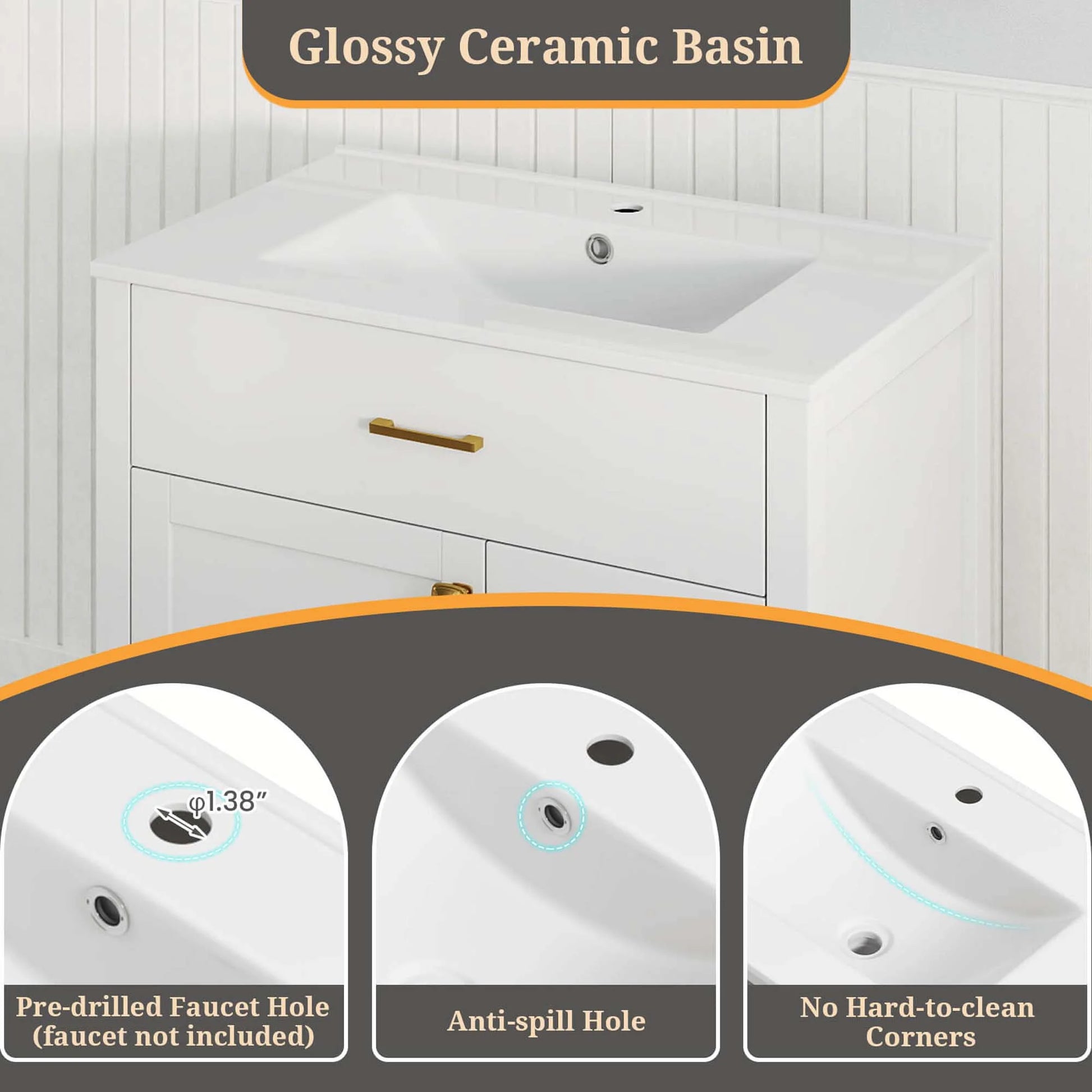 Costway 30" Bathroom Vanity with Sink 2 Drawers 1 Door 1 Flip-out Drawer Solid Wood Legs