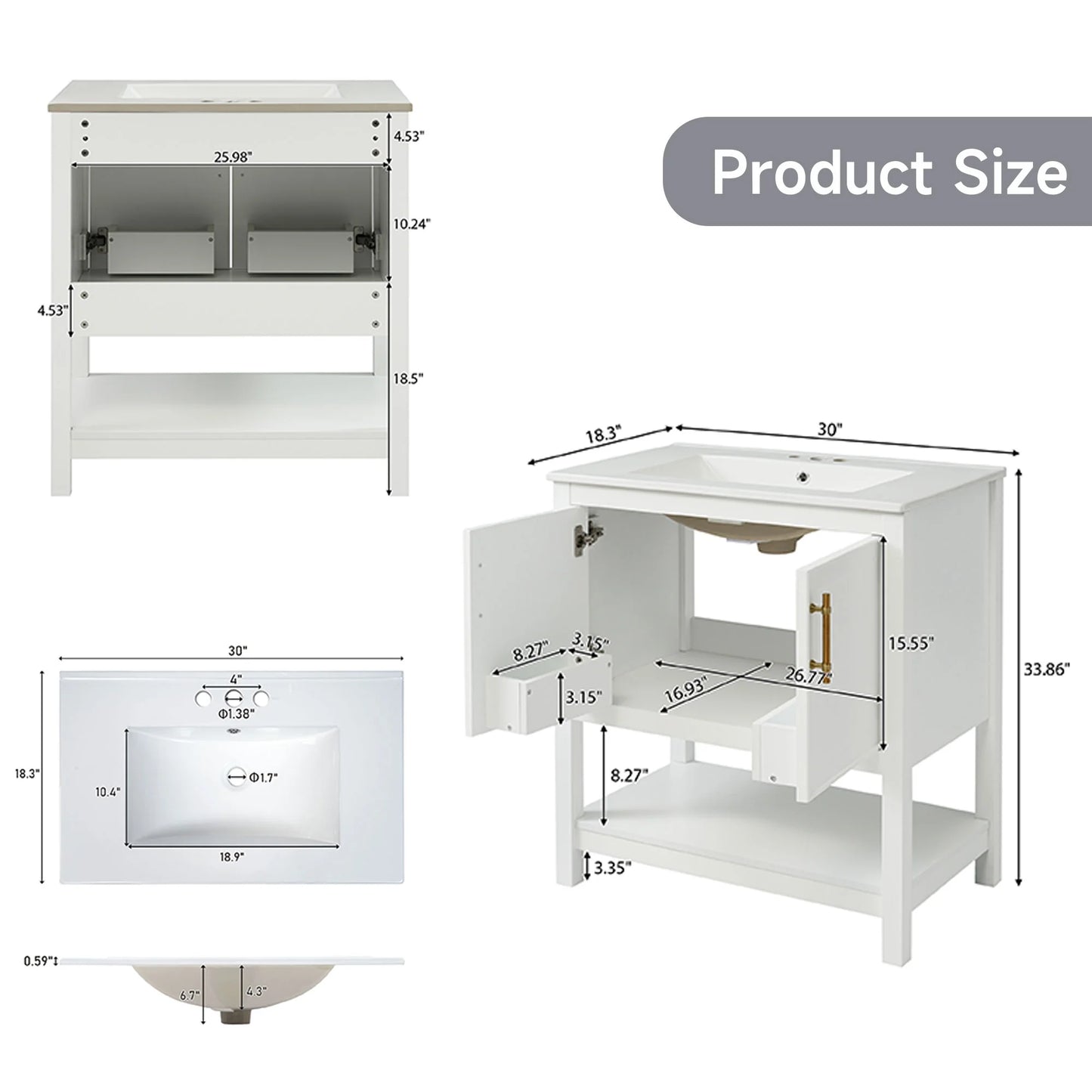 30" Freestanding Single Bathroom Vanity with Ceramic Top and Bottom Open Shelf, White