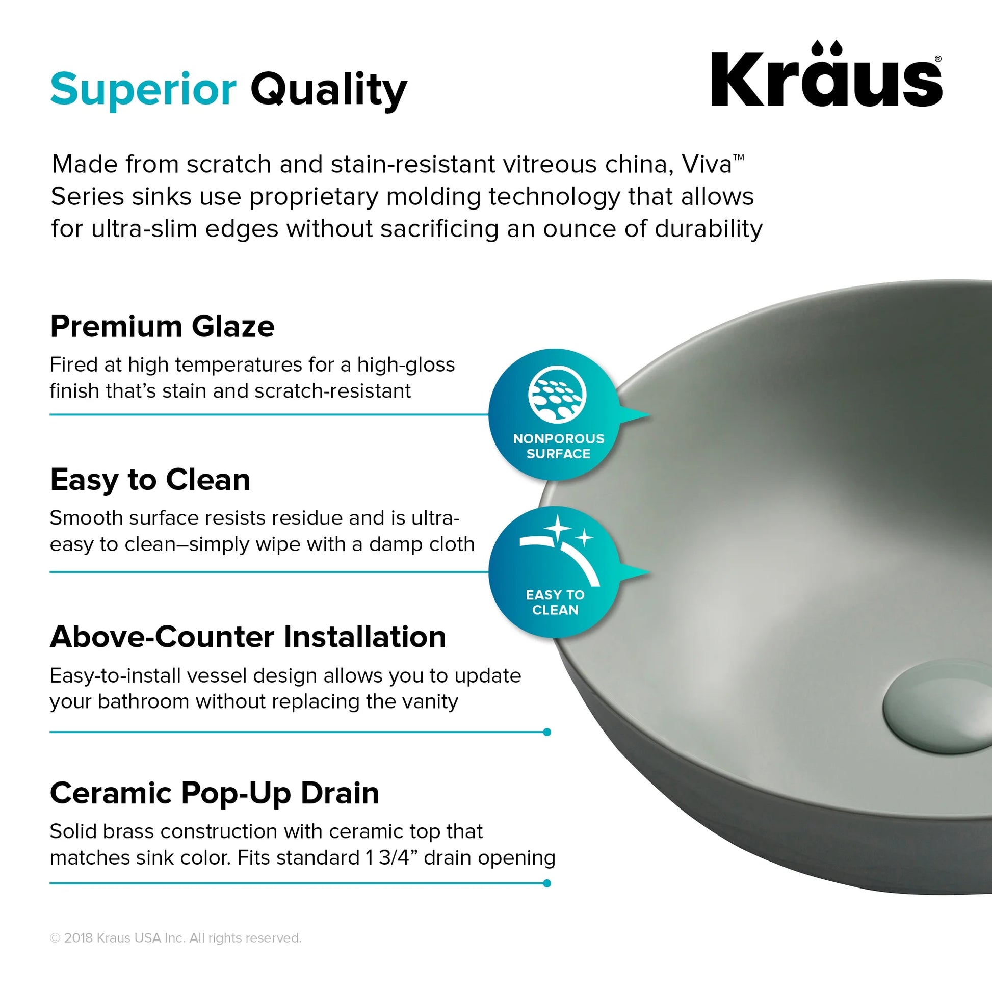 KRAUS Viva Round Gray Porcelain Ceramic Vessel Bathroom Sink with Pop-Up Drain, 16 1/2 in. D x 5 1/2 in. H