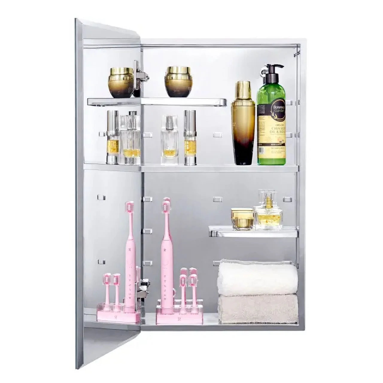 Fundin Stainless Steel Medicine Cabinet, Bathroom Mirror Cabinet, with unique half-shelves, Recess and Surface mount, 14.8 x 25.5 inch