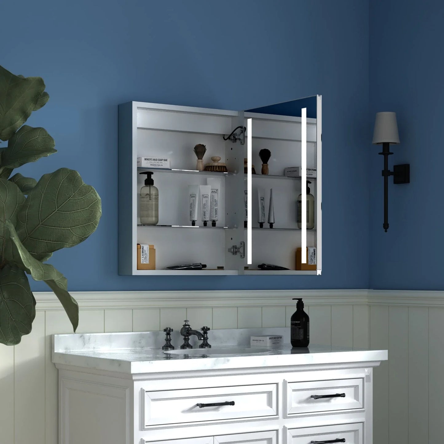 ExBrite 3 Touch Switch LED Lighted Bathroom Medicine Cabinet with Mirror, Recessed or Surface Mount, Defog, Stepless Dimming Right-hinged 20" x 26"