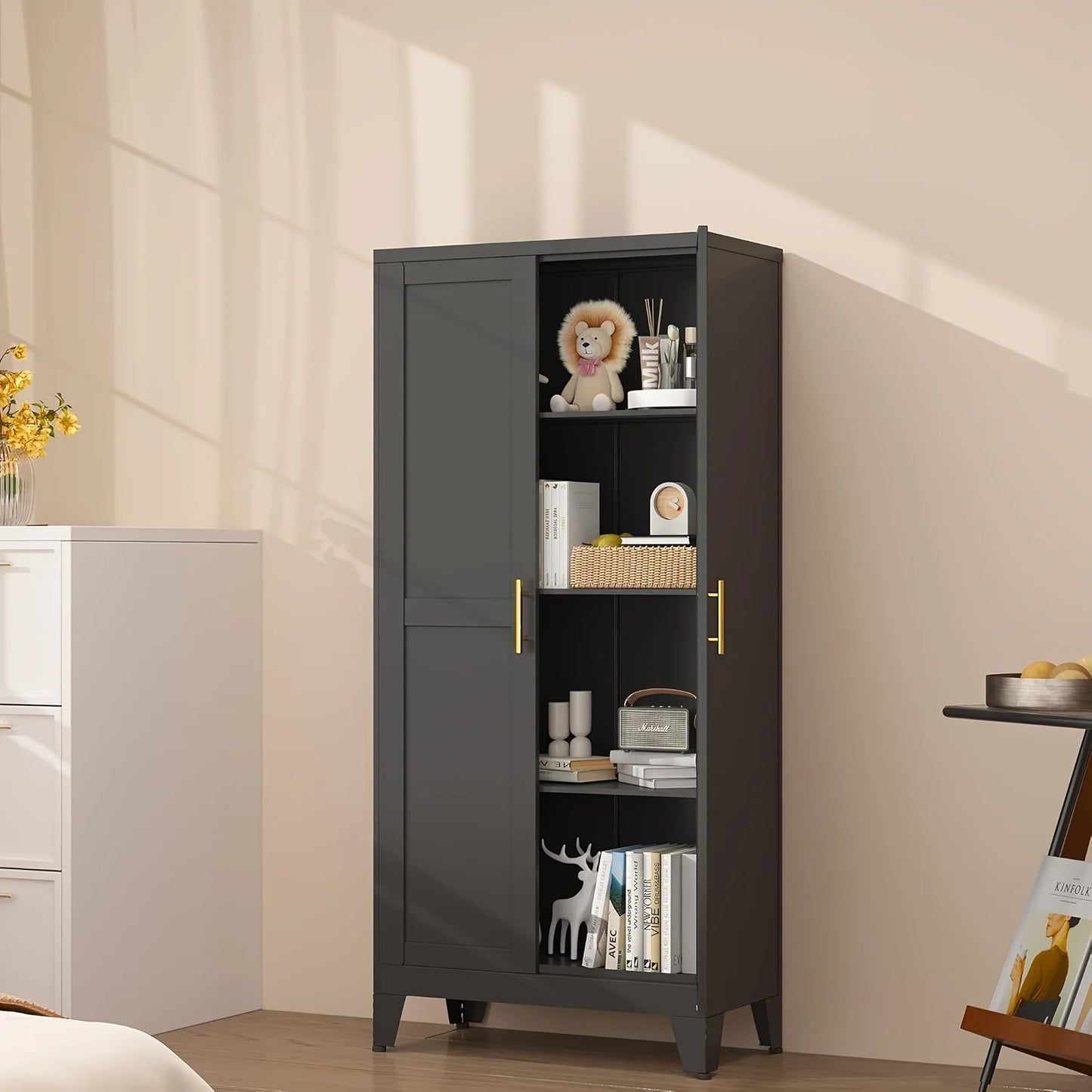 Modern Black Metal Storage Cabinet with Adjustable Feet - Freestanding Pantry Sideboard with 3 Shelves for Kitchen, Laundry, Bathroom, Living Room & Dining Area