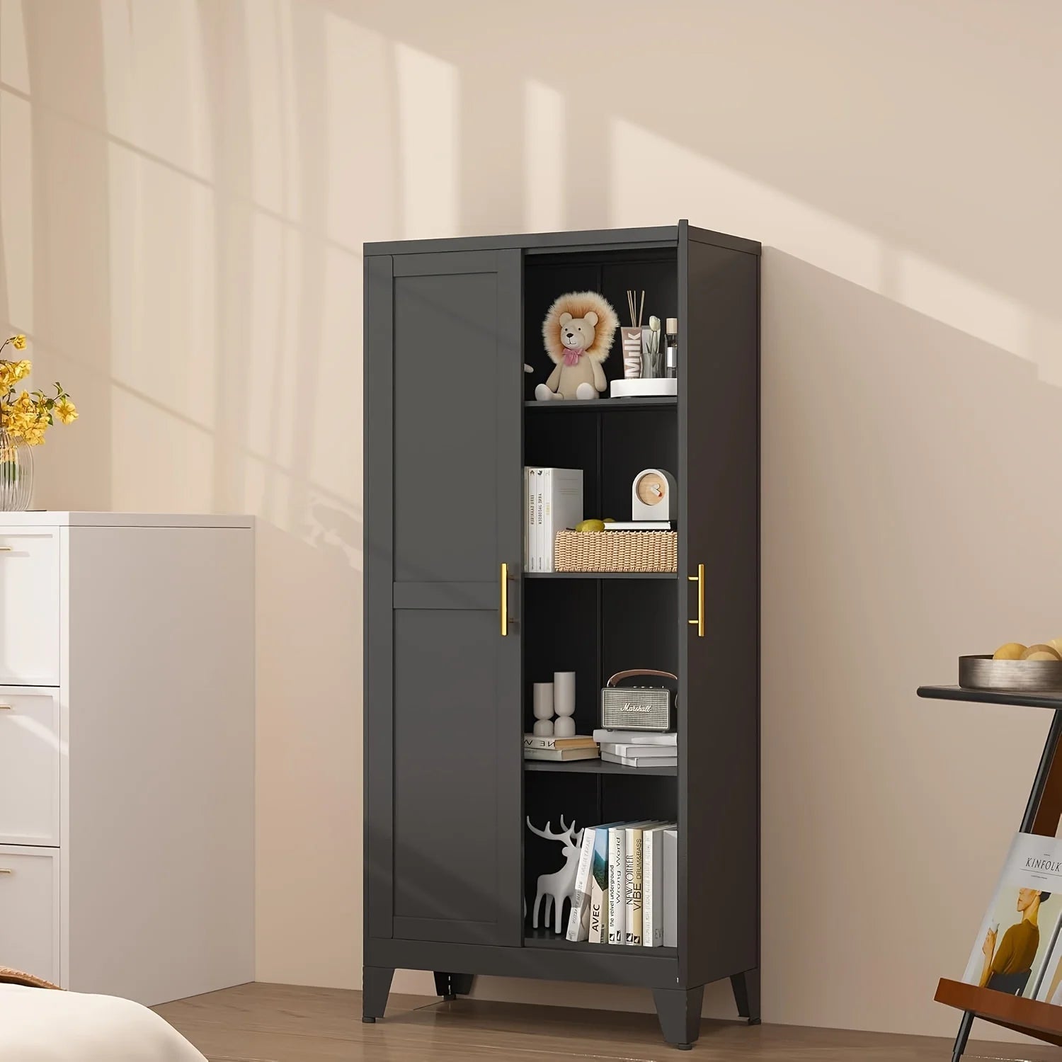 Modern Black Metal Storage Cabinet with Adjustable Feet - Freestanding Pantry Sideboard with 3 Shelves for Kitchen, Laundry, Bathroom, Living Room & Dining Area