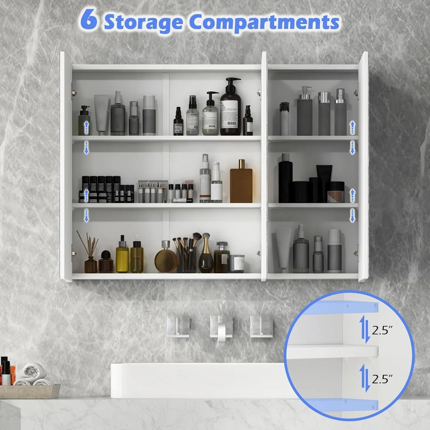 SZWS Mirrored Medicine Cabinet, Large Wide Wall Mounted Storage Cabinet with 3 Mirror Doors & Adjustable Shelf, Hanging Bathroom Organizer, White, 36 x 4.5 x 25.5 Inches