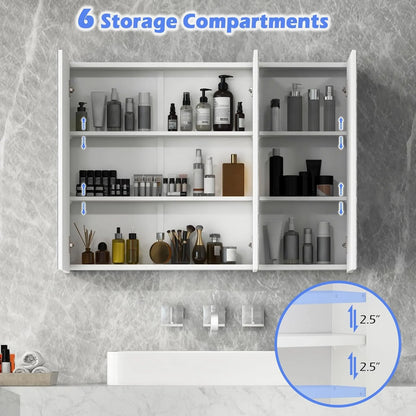 SZWS Mirrored Medicine Cabinet, Large Wide Wall Mounted Storage Cabinet with 3 Mirror Doors & Adjustable Shelf, Hanging Bathroom Organizer, White, 36 x 4.5 x 25.5 Inches