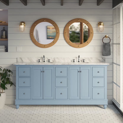 Bella 72" Double Bathroom Vanity with White Cabinet and Carrara Marble Top