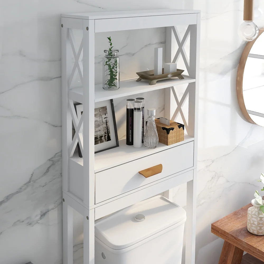 Over The Toilet Storage Cabinet with Drawer and 2 Shelves,Bathroom Space Saver Storage Rack,Toilet Shelf Organizer,White