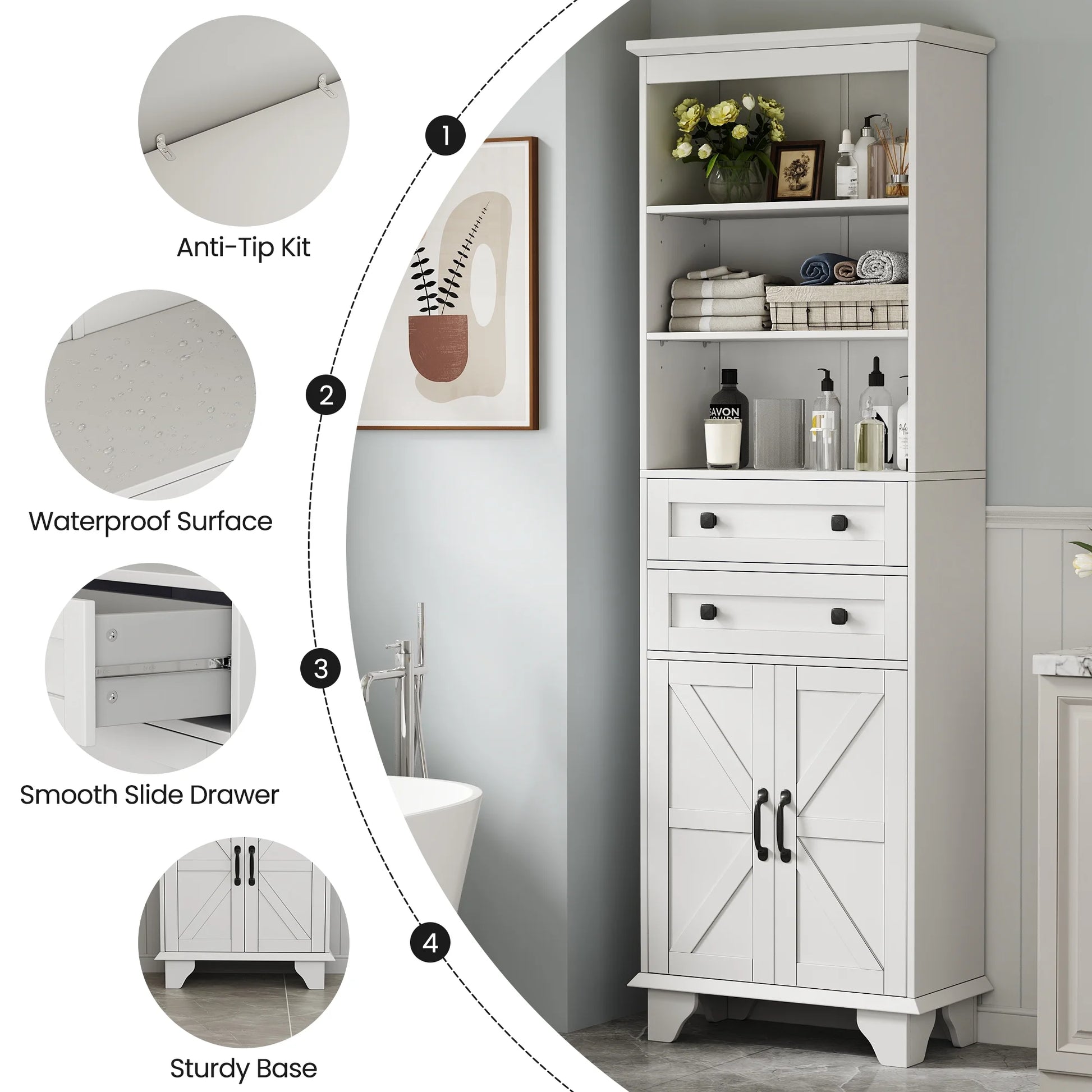 IDEALSOUL Tall Storage Cabinet, 72" Farmhouse Bathroom Storage with 2 Drawers, Adjustable Shelves & Barn Door, Cabinet for Bathroom, Living Room, Kitchen, off-White