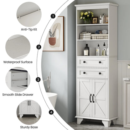 IDEALSOUL Tall Storage Cabinet, 72" Farmhouse Bathroom Storage with 2 Drawers, Adjustable Shelves & Barn Door, Cabinet for Bathroom, Living Room, Kitchen, off-White