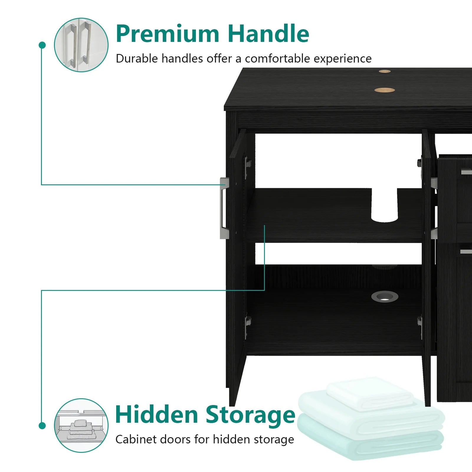 PULUOMIS 36 Inches Bathroom Vanity in Black Finish with Glass Boat-Shaped Vessel Sink, Single Bathroom Vanity with Top, 2-Door Cabinet and 2 Drawers