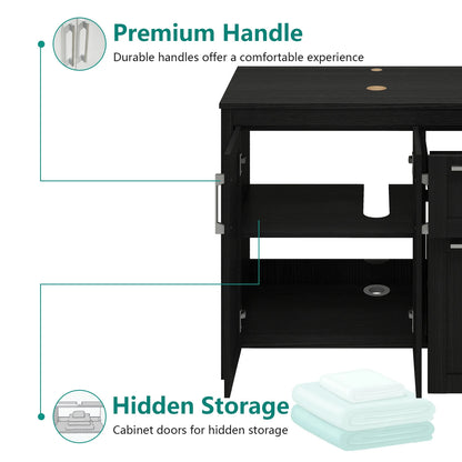 PULUOMIS 36 Inches Bathroom Vanity in Black Finish with Glass Boat-Shaped Vessel Sink, Single Bathroom Vanity with Top, 2-Door Cabinet and 2 Drawers
