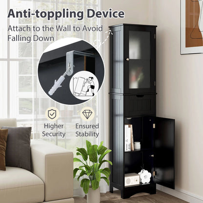Costway Tall Bathroom Cabinet with Adjustable Shelves Deep Drawer for Living Room Black