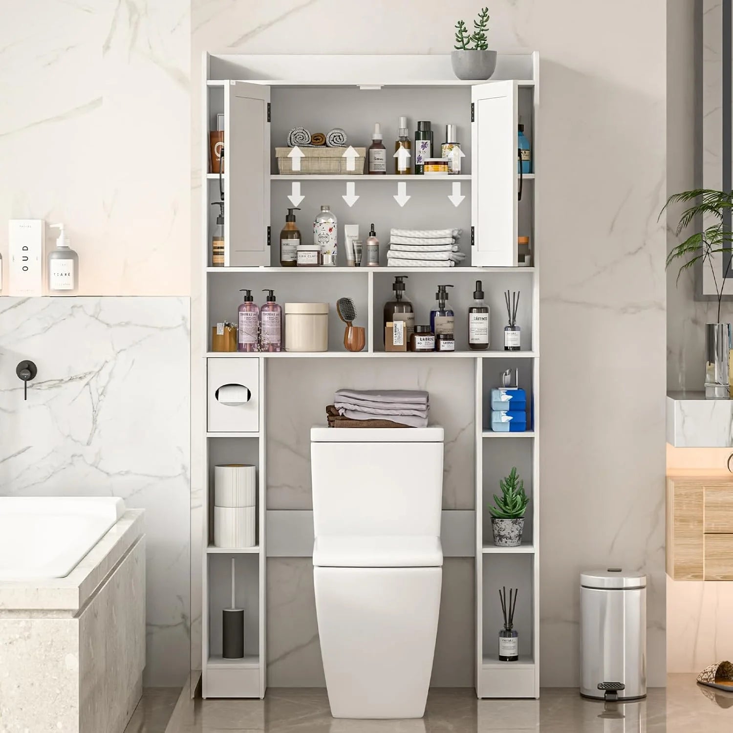 Vabches Over The Toilet Storage Cabinet, Freestanding Bathroom Space Saver with Adjustable Shelf and 2 Doors