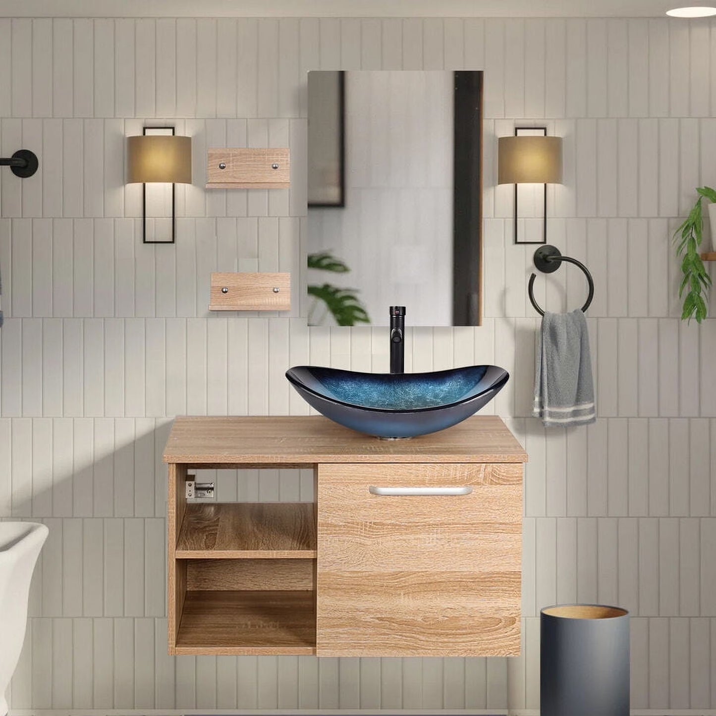 FULLWATT 28 Inch Modern Bathroom Vanity Set with Mirror Wall Mount Wood Color Cabinet Glass Sink Chrome Faucet and Pop Up Drain