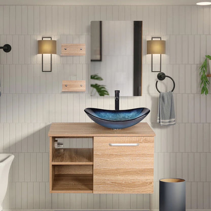 FULLWATT 28 Inch Modern Bathroom Vanity Set with Mirror Wall Mount Wood Color Cabinet Glass Sink Chrome Faucet and Pop Up Drain