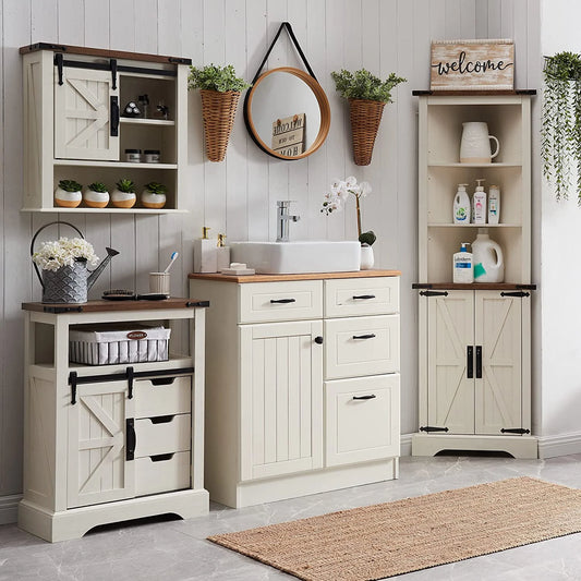 OKD Farmhouse Bathroom Storage Cabinet with 3 Drawers and Adjustable Shelves Wooden Rustic Accent Entryway Cupboard, Antique White