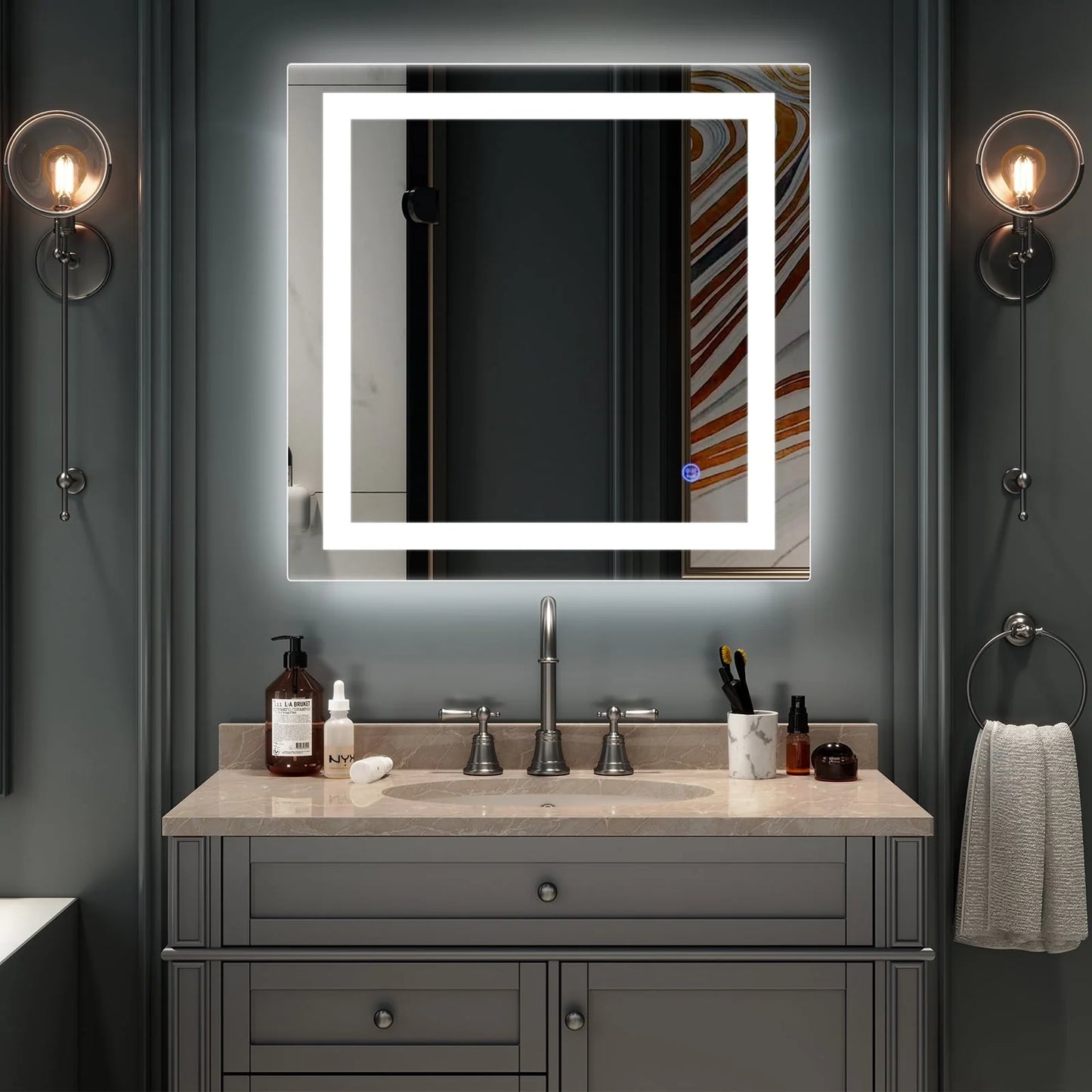 UBesGoo 32"x32'' Led Lighted Bathroom Mirror-Wall Mounted Touch Switch Illuminated Mirror,Vanity Mirrors for Home or Hotel,Silver