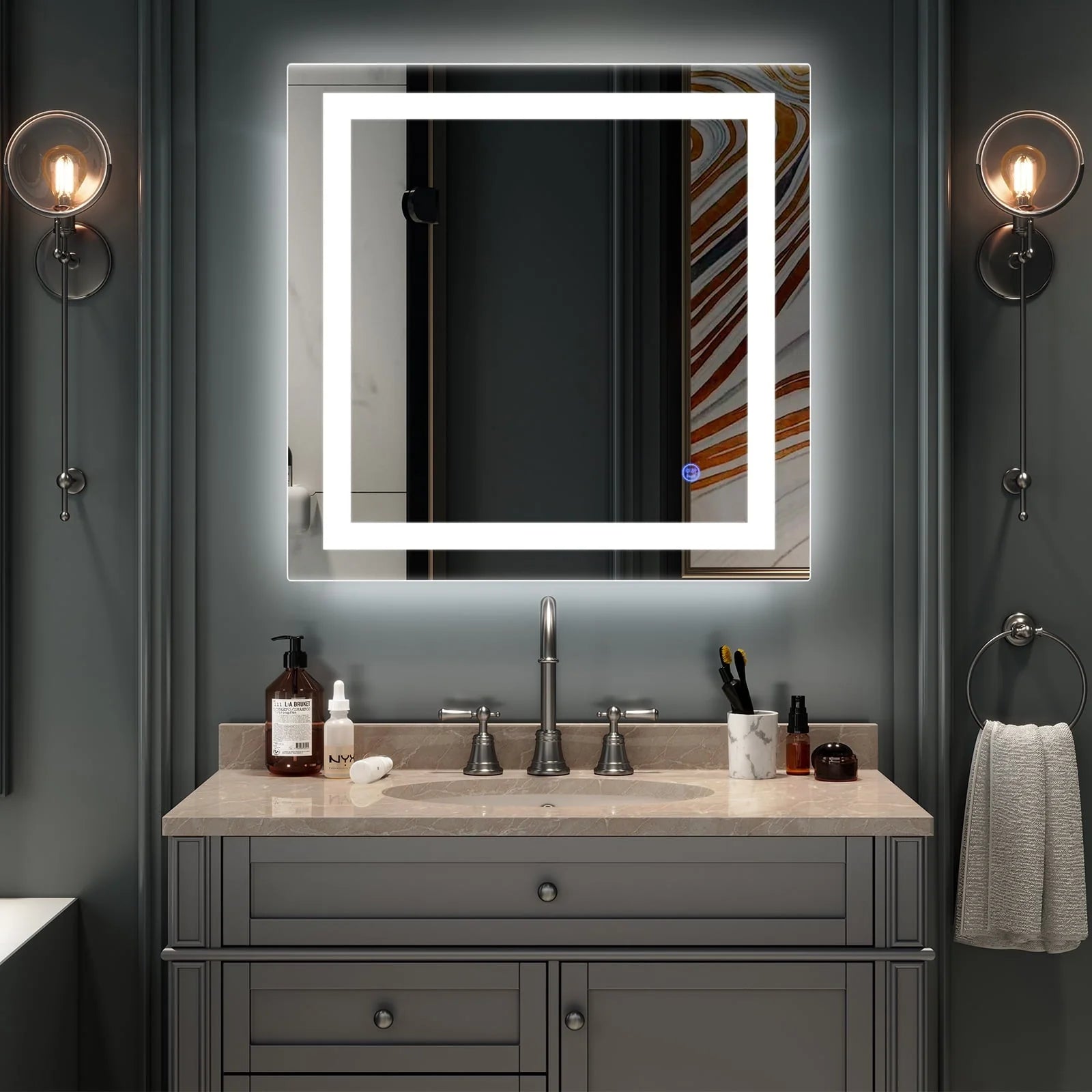 UBesGoo 32"x32'' Led Lighted Bathroom Mirror-Wall Mounted Touch Switch Illuminated Mirror,Vanity Mirrors for Home or Hotel,Silver