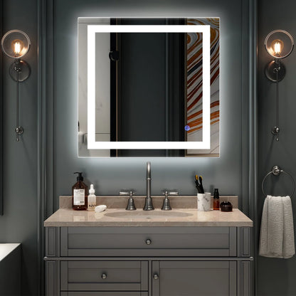 UBesGoo 32"x32'' Led Lighted Bathroom Mirror-Wall Mounted Touch Switch Illuminated Mirror,Vanity Mirrors for Home or Hotel,Silver