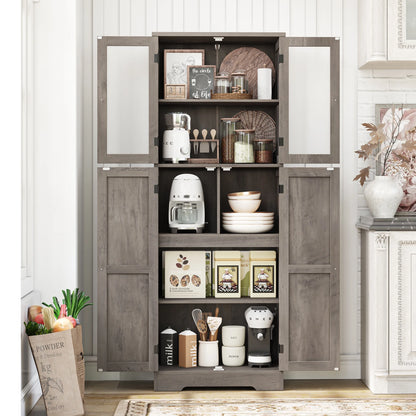 Homfa 67" Tall White Bathroom Storage Cabinet with Glass Doors, Farmhouse Freestanding Cupboard Storage Cabinet for Small Space