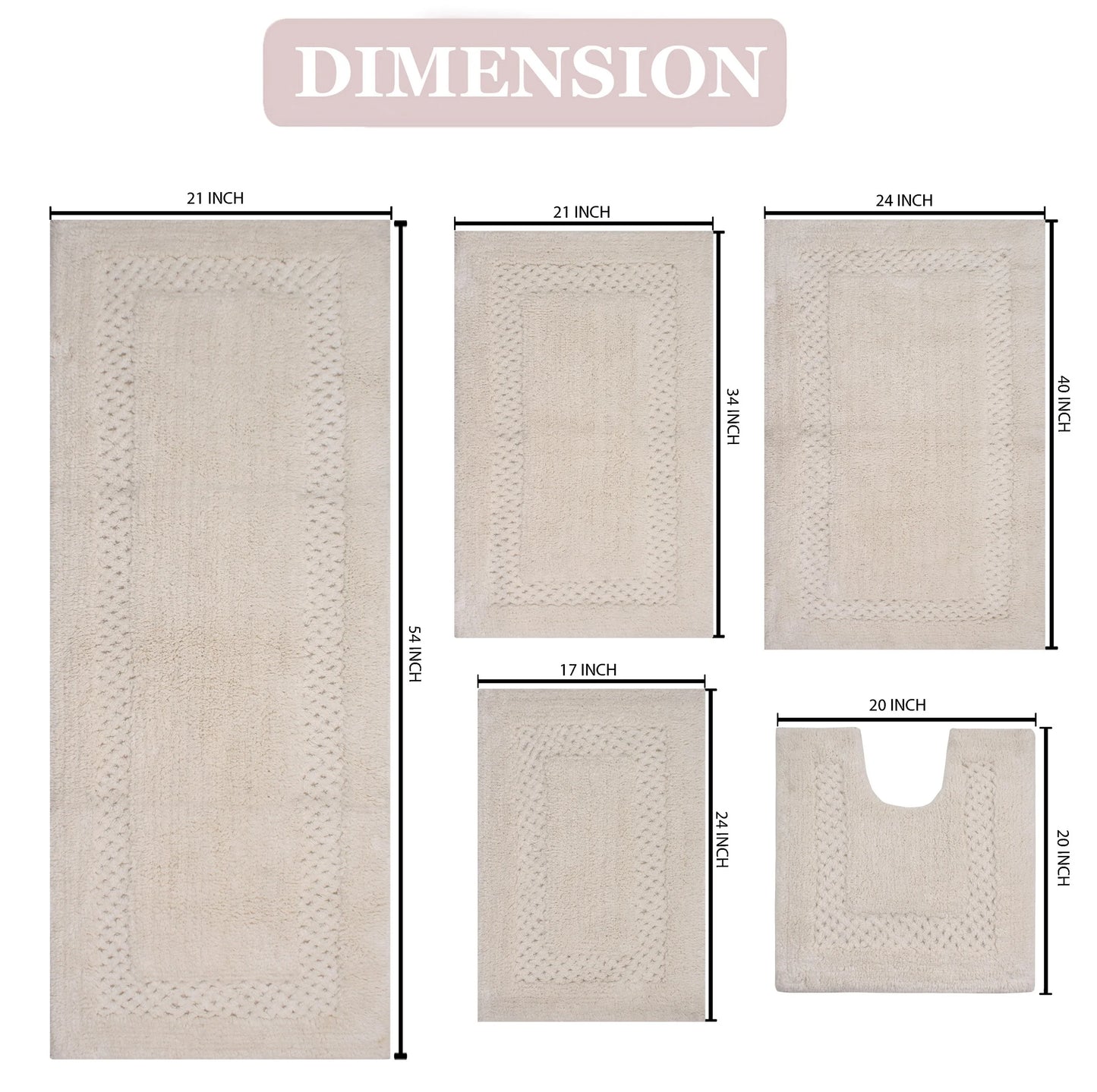Home Weavers Inc Classy Bathmat Collection 100% Cotton Non-Slip Bathroom Rug Set, Machine Washable Bath Rug, 5 Piece Bath Mat Set with Contour Ivory