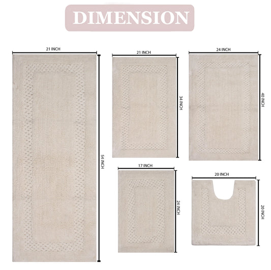 Home Weavers Inc Classy Bathmat Collection 100% Cotton Non-Slip Bathroom Rug Set, Machine Washable Bath Rug, 5 Piece Bath Mat Set with Contour Ivory