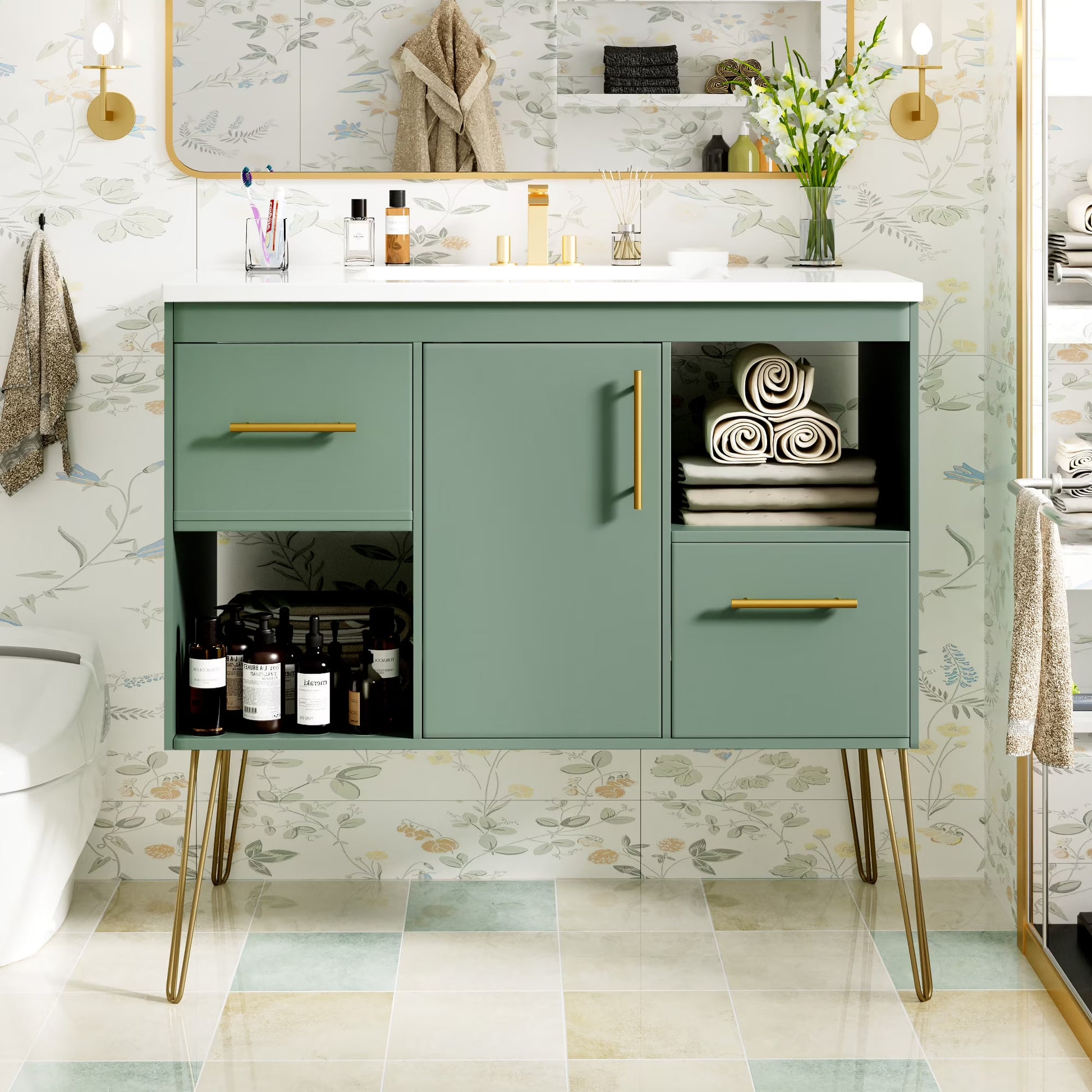 Euroco 36'' Bathroom Vanity with Resin Sink Combo Set, Modern Freestanding Single Bathroom Cabinet with 2 Drawers & 2 Storage Compartments, Storage Cabinet for Bathroom, Solid Wood Frame Vanity Set