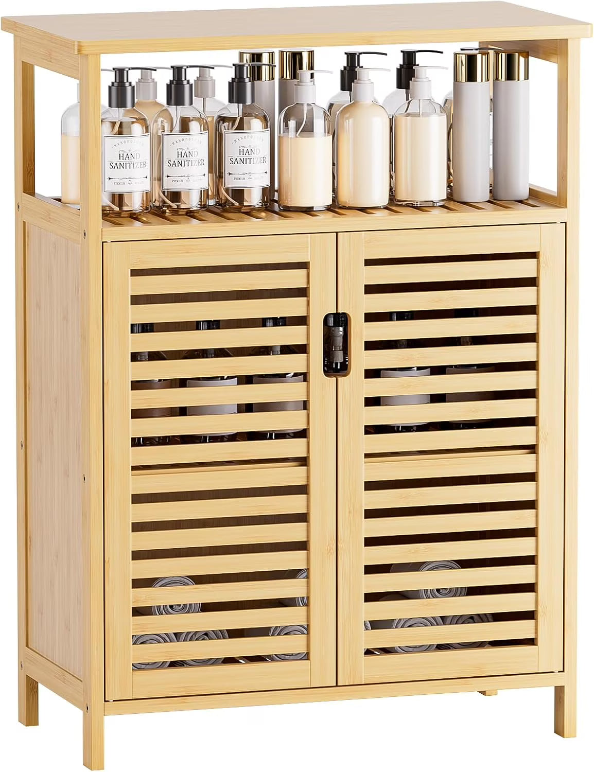 Bathroom Cabinet Freestanding, Bamboo Storage Cabinet 4-Tier Floor Cupboard with Door and Shelf for Bathroom, Kitchen, Hallway, Natural