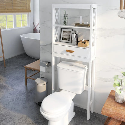 Over The Toilet Storage Cabinet with Drawer and 2 Shelves,Bathroom Space Saver Storage Rack,Toilet Shelf Organizer,White