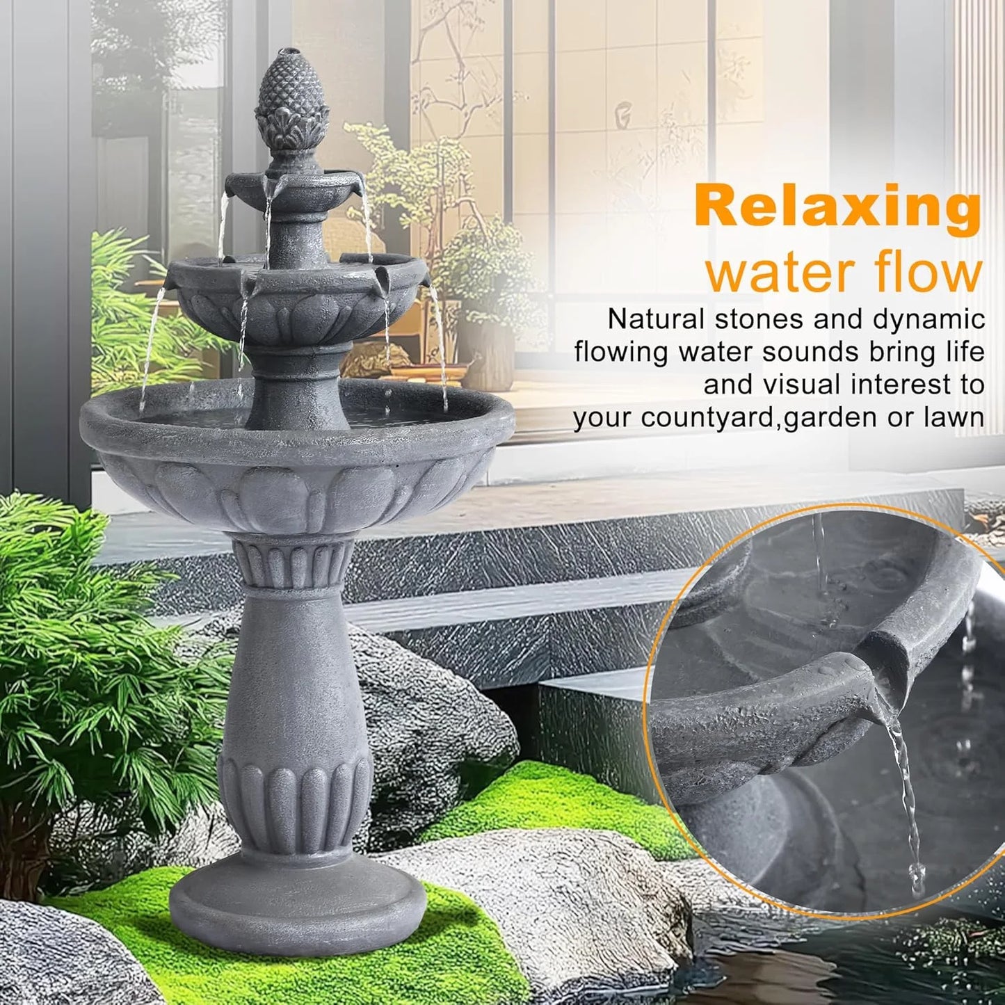 Haverchair 40.6" High Large Italian Outdoor Water Fountain, 3-Tier Standing Bubbler Waterfalls Fountain with Pineapple Top and Roman Pillar, Resin Garden Water Fountains for Bird Bath Patio Yard Deck