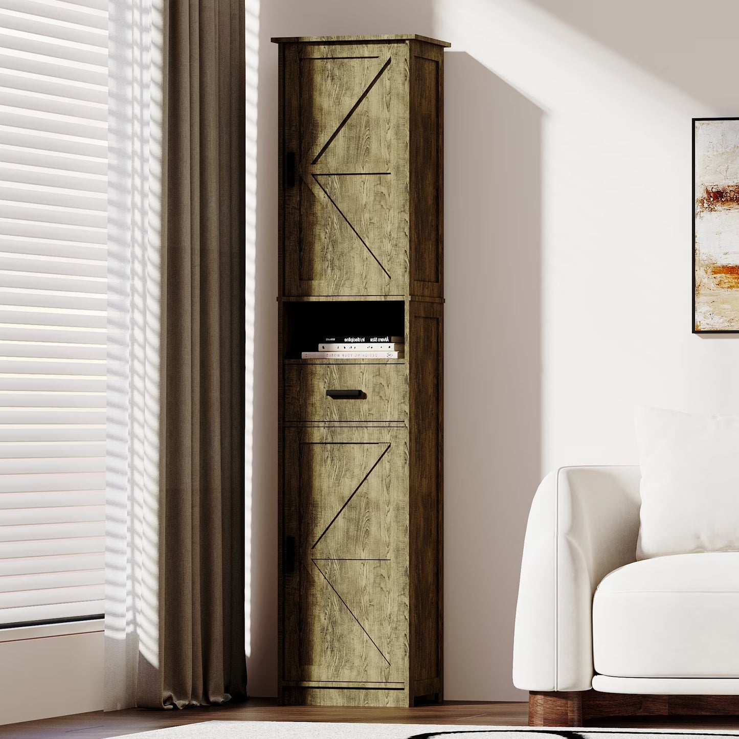 PORKISS Floor Storage Cabinet, Wood Pantry Cabinet with Doors and Drawer, Freestanding Narrow Bathroom Storage Organizer with Adjustable Shelves for Kitchen, Bathroom, Living Room, White