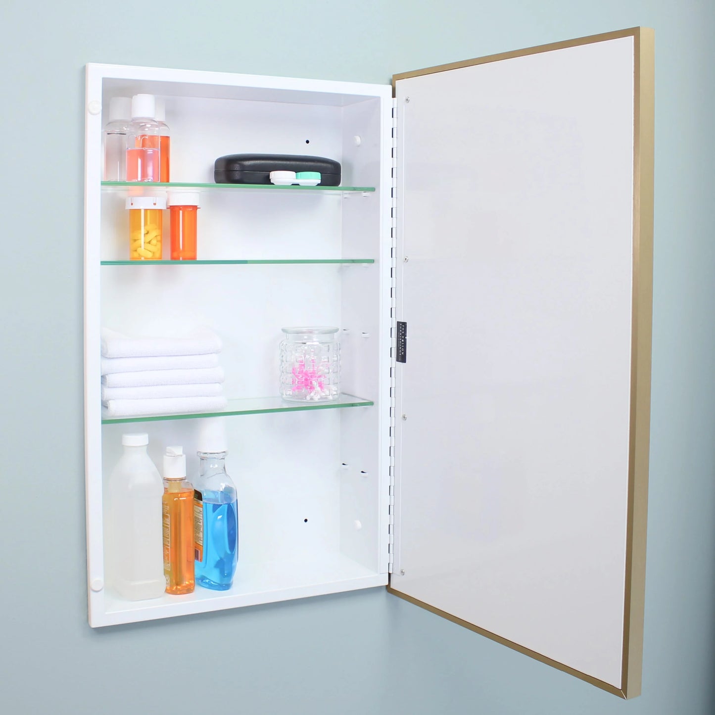 16x26 Parker Metro Metal Framed Rectangle Recessed Bathroom Medicine Cabinet, Floating Mirror, 14x24 in-Wall Opening, Powder-coated Steel, Adjustable Glass Shelves, Magnet Close, Brushed Nickel