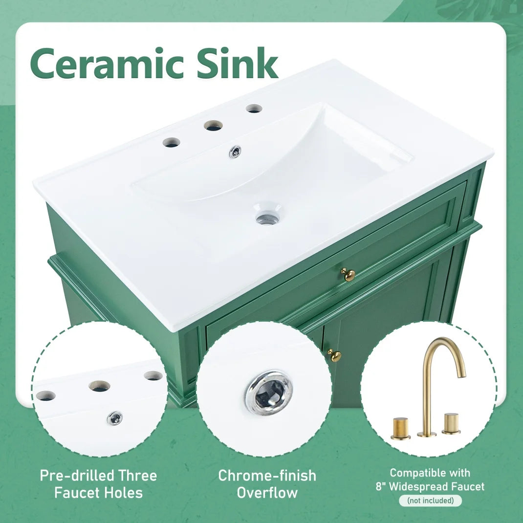 30 Inch Bathroom Vanity with Sink Combo, Solid Wood Frame Bathroom Vanities with 3 Drawers and 1 Tip-out Drawer & Soft Closing Doors, Modern Bathroom Sink Cabinet with Undermount Sink (White)