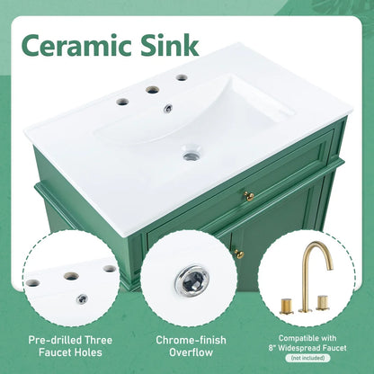 30 Inch Bathroom Vanity with Sink Combo, Solid Wood Frame Bathroom Vanities with 3 Drawers and 1 Tip-out Drawer & Soft Closing Doors, Modern Bathroom Sink Cabinet with Undermount Sink (White)