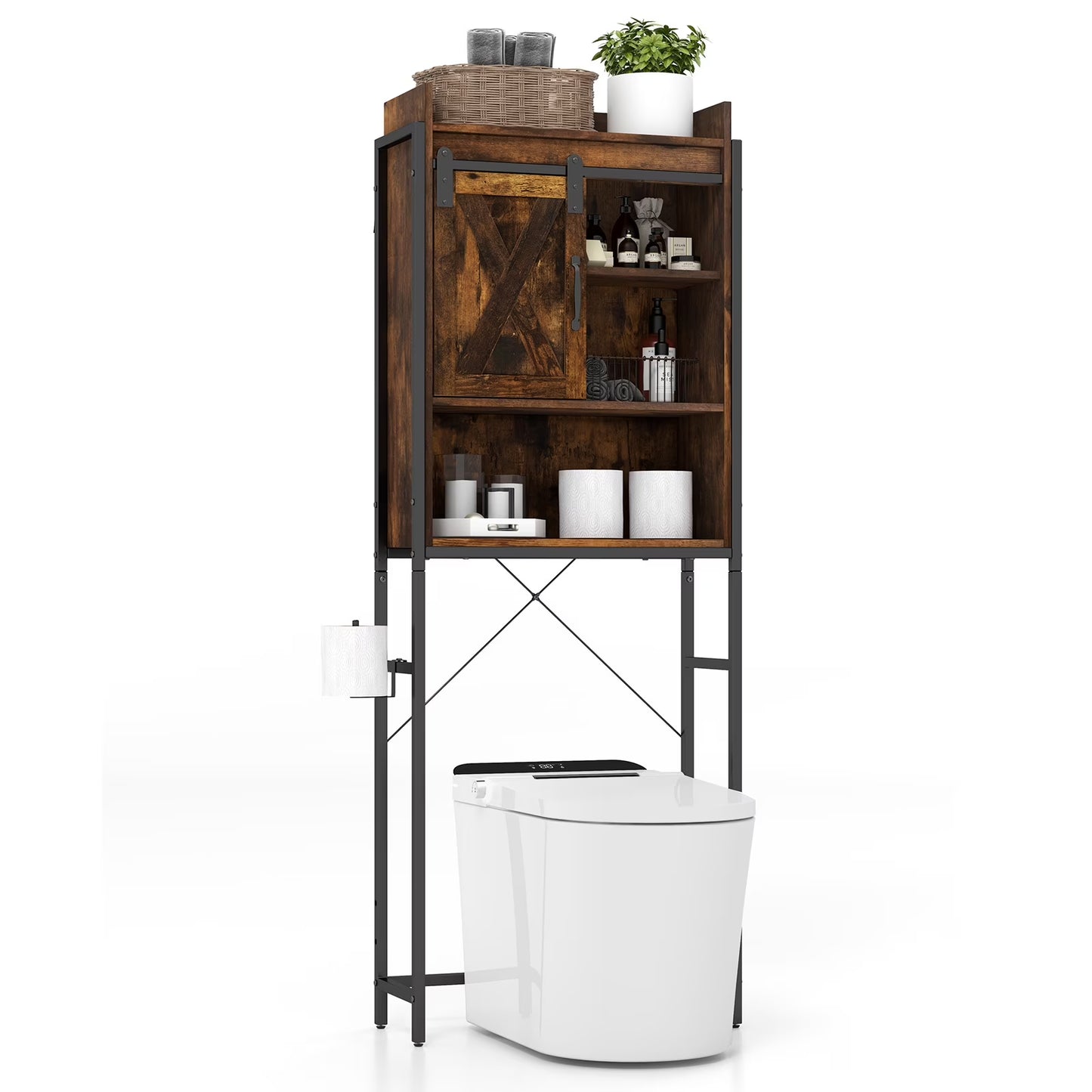 Topbuy Over The Toilet Storage Cabinet 4-Tier Bathroom Organizer w/ Adjustable Shelves Sliding Barn Door & Toilet Paper Holder Rustic Brown