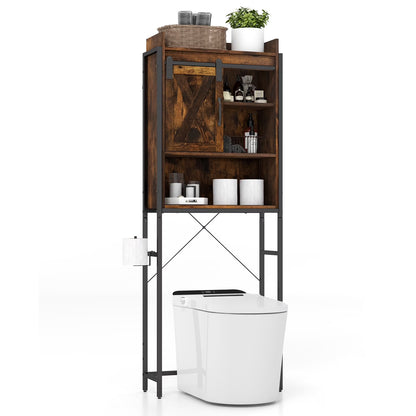 Topbuy Over The Toilet Storage Cabinet 4-Tier Bathroom Organizer w/ Adjustable Shelves Sliding Barn Door & Toilet Paper Holder Rustic Brown