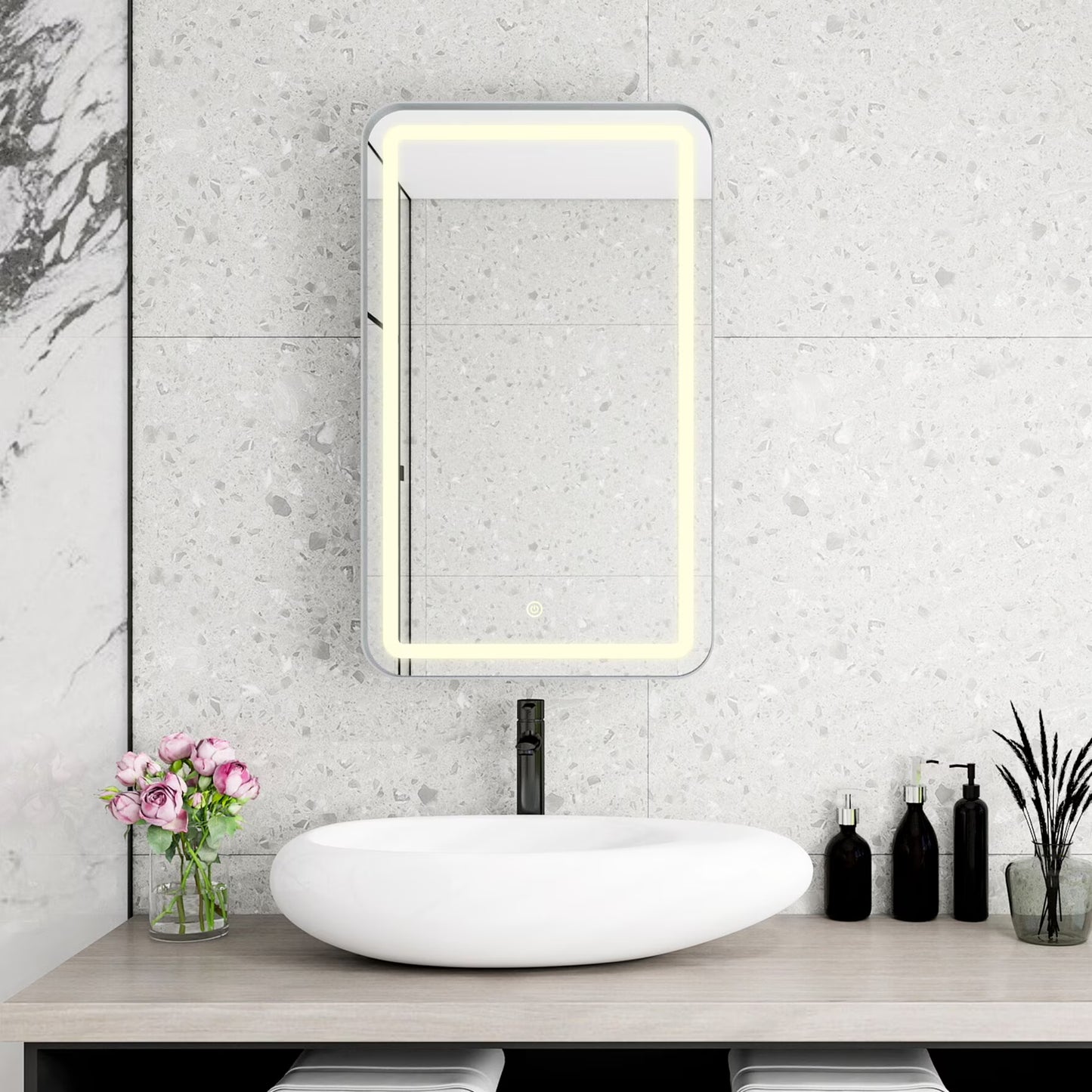 21x34 Inch Gold Medicine Cabinet with LED Mirror, Wall Mounted Bathroom Storage with Adjustable Glass Shelves, Recessed or Surface Mount Design