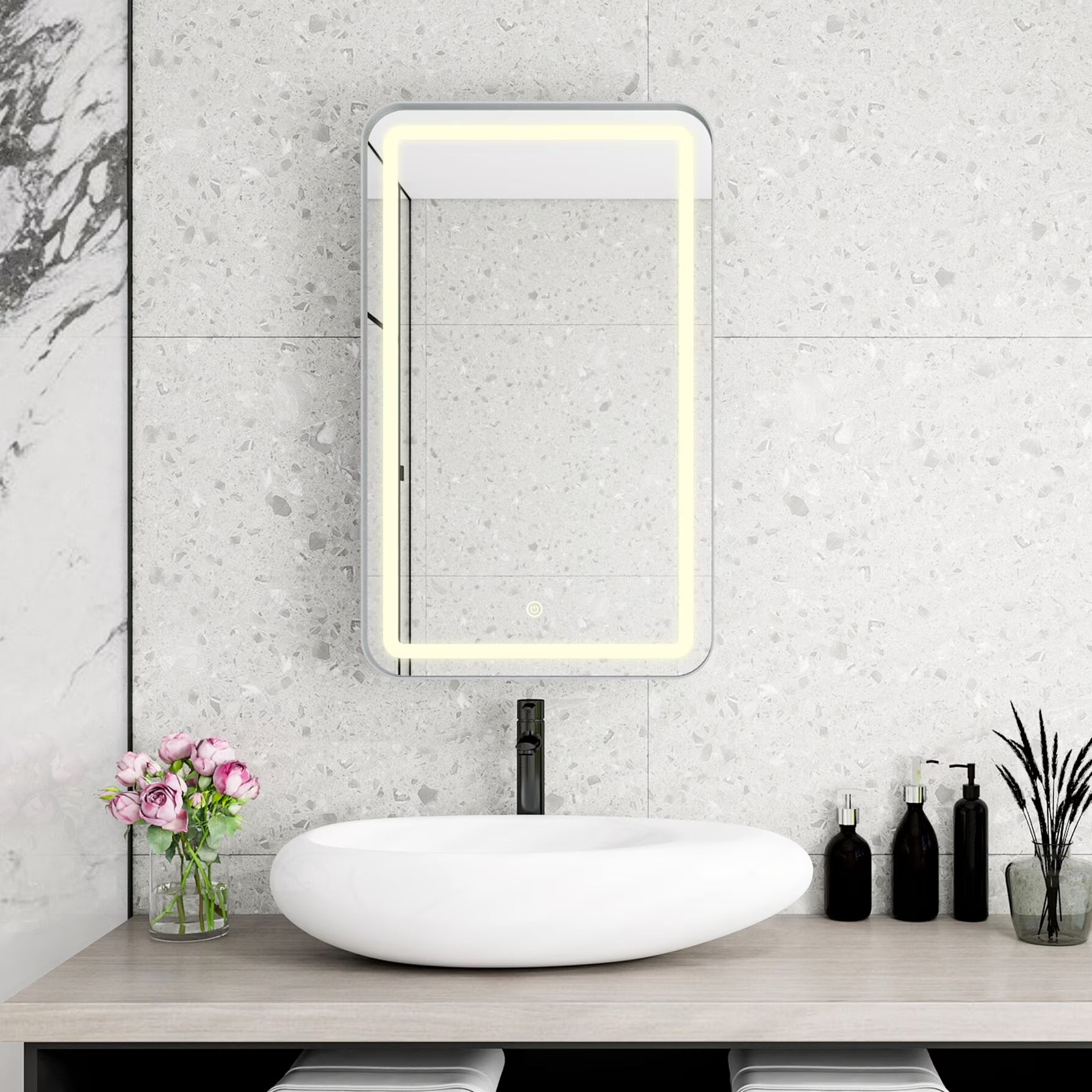 21x34 Inch Gold Medicine Cabinet with LED Mirror, Wall Mounted Bathroom Storage with Adjustable Glass Shelves, Recessed or Surface Mount Design