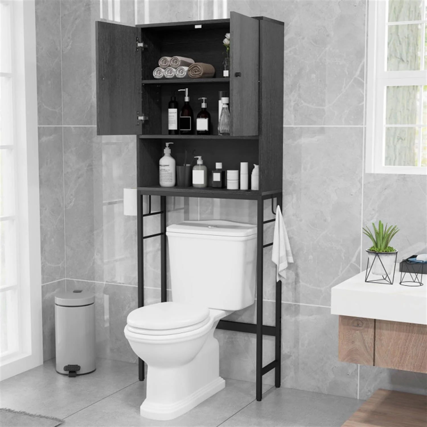 Finihen Over The Toilet Storage Cabinet, Storage Shelf, with 2 Doors and Adjustable Shelf, for Bathroom,Black