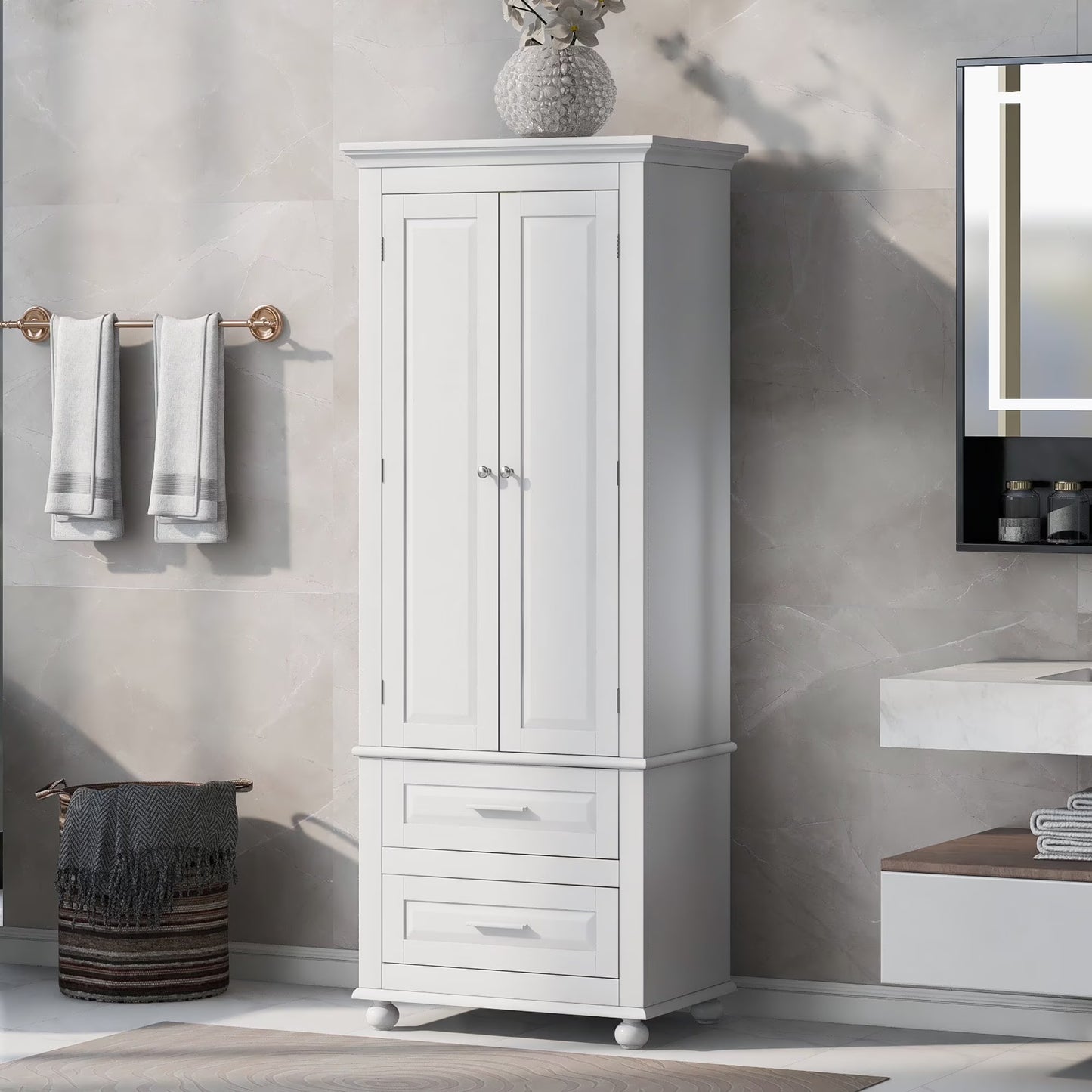Bellemave White Tall Storage Cabinet with Adjustable Shelf Bathroom Cabinet with 1 Drawer and Storage Rack Large Freestanding Wood Cabinet Storage Organizer Floor Cabinet, White