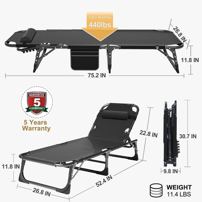 MOPHOTO 75" Adult Camping Cot Folding Cot, Portable Heavy Duty Adjustable 4-Position Sleeping Bed, Outdoor Patio Folding Lounge Chair for Sunbathing with Mattress