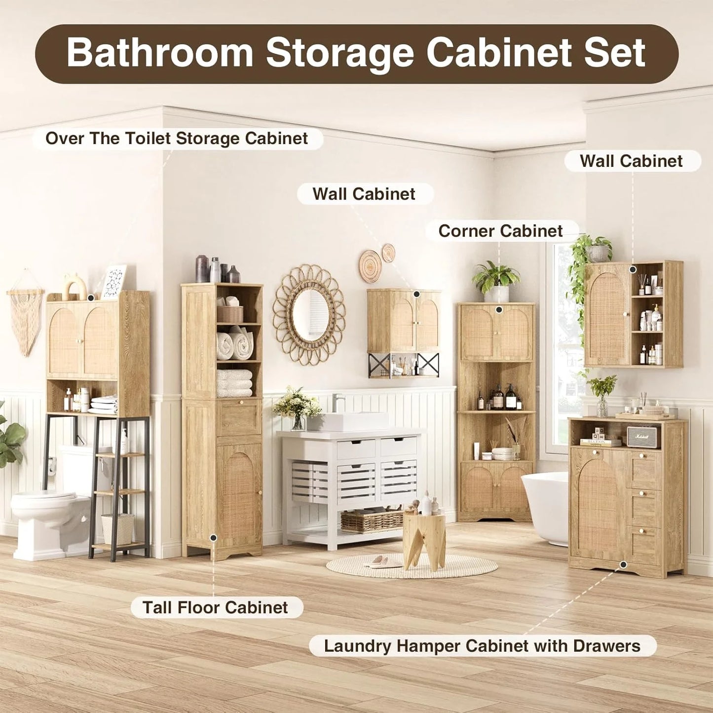 VEANERWOOD Rattan Bathroom Wall Storage Cabinet with Double Doors and Adjustable Shelves, Medicine Wall Storage Cabinet for Kitchen, Toilet, Bathroom