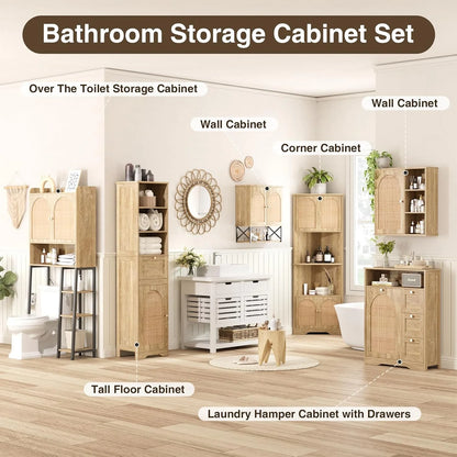 VEANERWOOD Rattan Bathroom Wall Storage Cabinet with Double Doors and Adjustable Shelves, Medicine Wall Storage Cabinet for Kitchen, Toilet, Bathroom