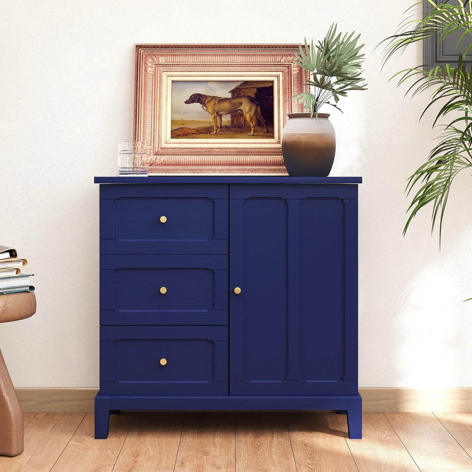 CBJCBJ 31.7"Storage Cabinet, Classical 3 Drawers & 1 Door Design with Gold-Tone Handles, Multi-Use Organizer for Living Room, Kitchen, Bathroom��BLUE)