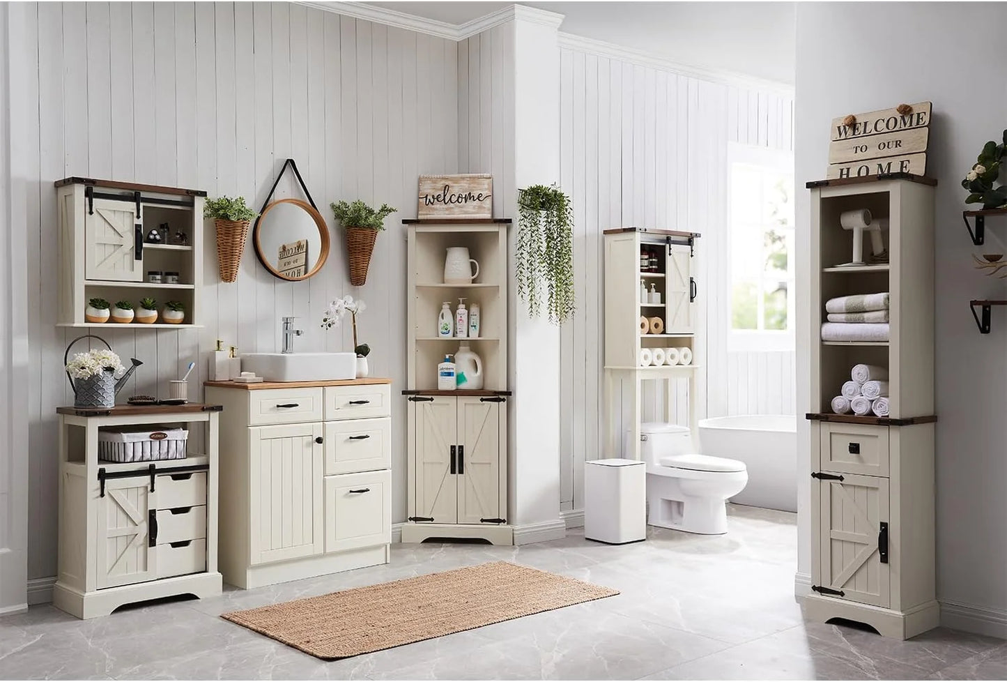OKD Farmhouse Tall Corner Cabinet with Barn Door & Adjustable Shelves, 68" Rustic Wood Corner Cabinet with Storage Cabinet for Bathroom, Kitchen, Antique White