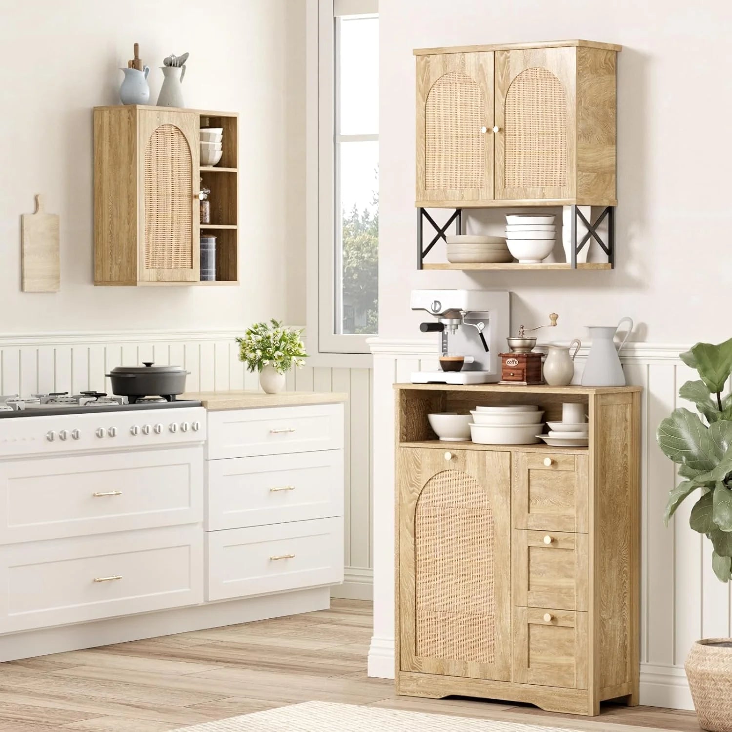 VEANERWOOD Rattan Bathroom Wall Storage Cabinet with Double Doors and Adjustable Shelves, Medicine Wall Storage Cabinet for Kitchen, Toilet, Bathroom