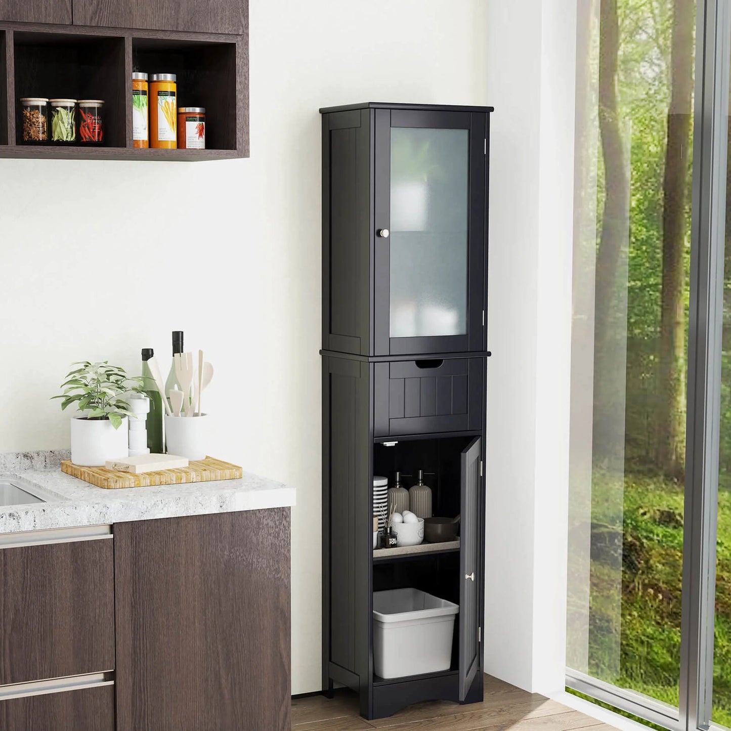 Costway Tall Bathroom Cabinet with Adjustable Shelves Deep Drawer for Living Room Black