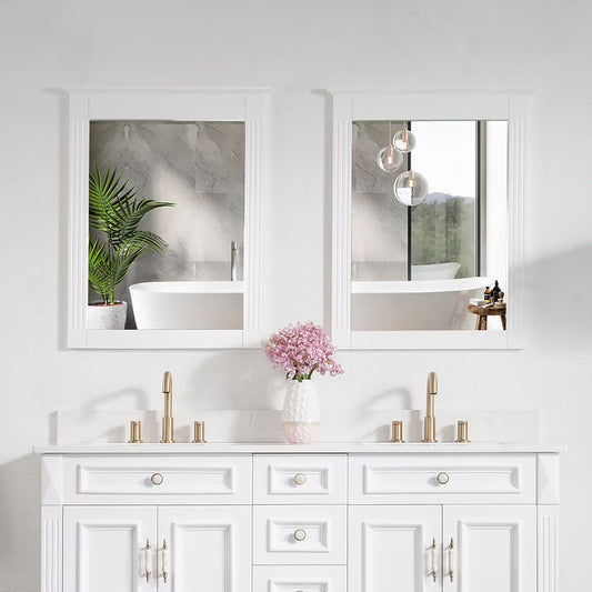 Forclover 33" x 26" 2 PCS Rectangle Wall-Mounted Vanity Mirror, Solid Wooden Framed Makeup Mirror, Bathroom Wall Mirror Apply to Bathroom Living Room Entryway, White