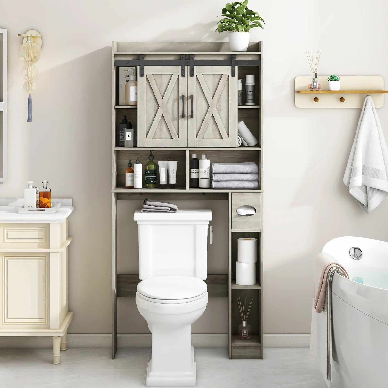 Over The Toilet Storage Cabinet, Farmhouse Storage Cabinet Over Toilet with Sliding Doors��Home Space-Saving Toilet Rack, for Bathroom, Restroom, Laundry